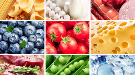 Different vegetables  fruits and products gathered in collection.